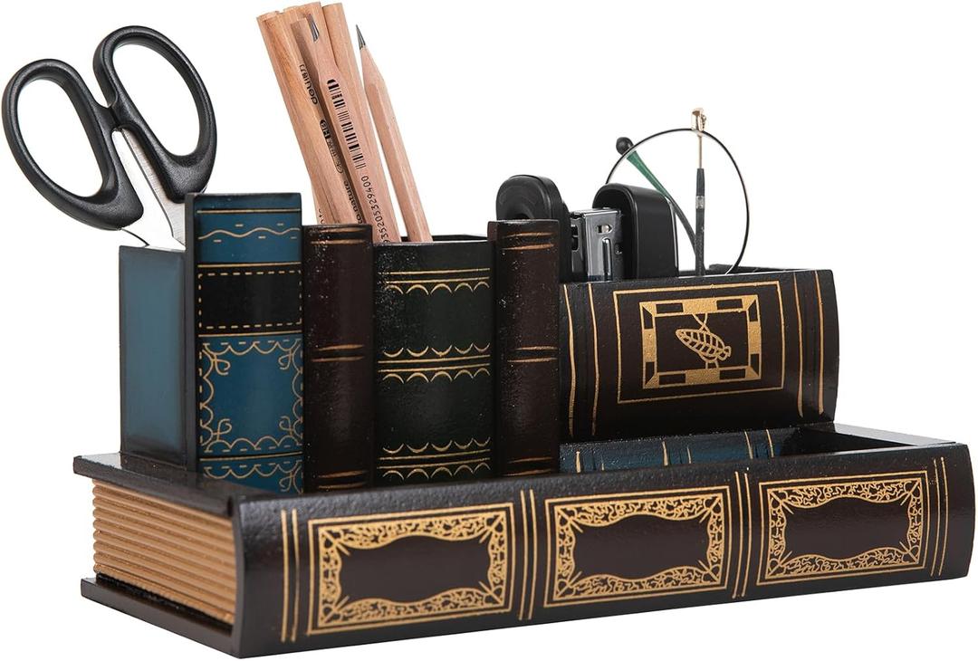 Decorative Pencil and Pen Holder with Storage Drawer, Wooden Desk Organizer Caddy, Antique Library Books Design Pen Cup for Office Supplies, Countertop, Desk,Table (Reddish brown)
