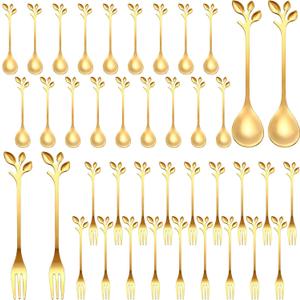 40 Pcs Stainless Steel Leaf Coffee Spoon and Appetizer Fork Tableware Dessert Spoon Silver Mini Dessert Utensils Set Creative Demitasse Forks for Stirring,Fruit,Cake,Coffee,Tea(Gold,40 Pieces)
