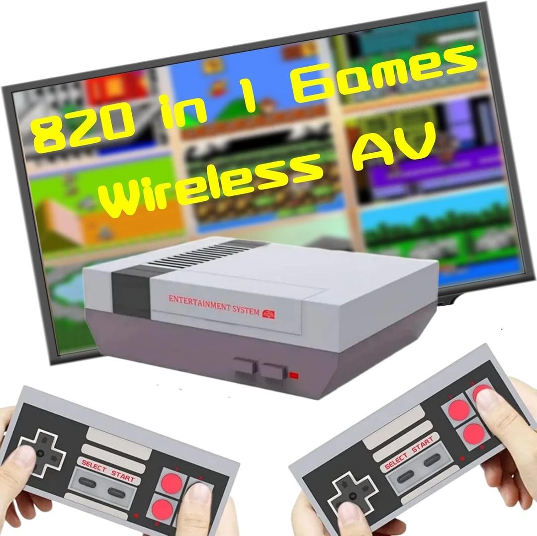 Retro Game Console,Wireless Retro Gaming Console with Built-in 820 Games,Dual Wireless Controllers,AV Output Plug and Play Video Game Console.