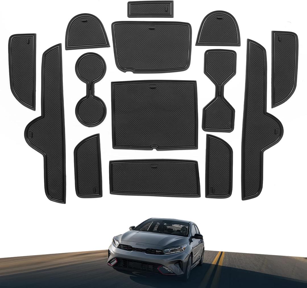 SMABEE Car Anti-Slip Gate Slot Cup Mat for 2022-2024 Kia Forte GT GT-line/ 2021-2024 Kia K3 Cerato Center Console Liner Cup Holders Inserts Mat Door Pocket Liners Accessories (Black) (Electronic Handbrake)