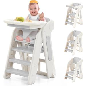 4-in-1 Convertible Toddler Step Stool, Adjustable Height Toddler Tower, Foldable Standing Tower with Safety Fence & Removable Dining Tray, Kids Step Stool for Kitchen Counter Bathroom Sink (Grey)