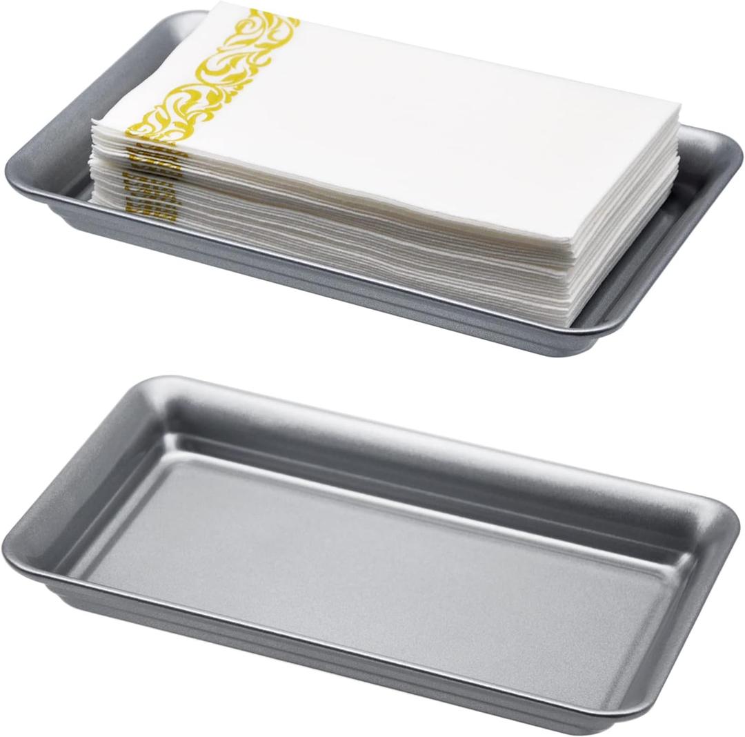 Vintage Farmhouse Decor Metal Vanity Tray(2 Pack),Countertop Guest Hand Towel Storage Organizer Tray Dispenser, Sturdy Holder for Perfume,Cosmetics, Jewelry, Makeup Bathroom Organizer (Silver)