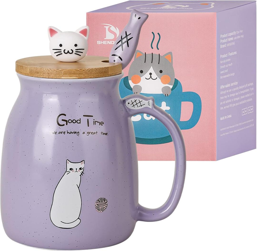 SHENDONG Cute Cat Mug - Kawaii Kitty Lid & Spoon, 15OZ, Japanese Style, Purple