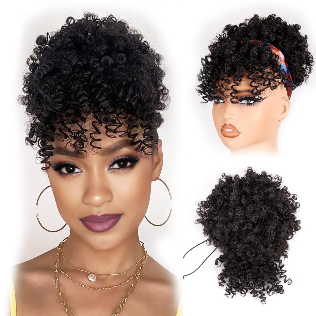 Drawstring Ponytail for Black Women, Afro Puff Kinky Curly Hair Ponytail Extension with Bangs Off Black Updo Natural Hair Ponytail (2# Dark Brown)