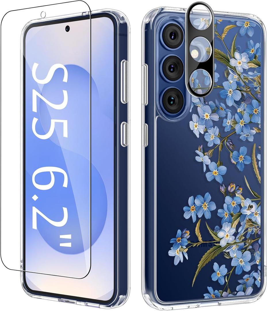 GVIEWIN Compatible with Samsung Galaxy S25 Case, Clear Floral Slim Shockproof Protective Women Phone Case, Non-Yellowing, with Screen Protector & Camera Lens Protector 6.2", Aconite/Blue