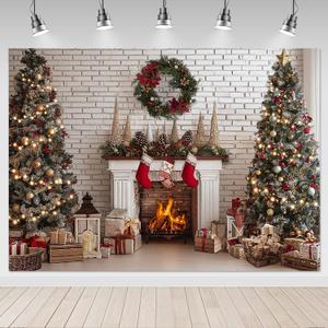 Mocsicka Christmas Fireplace Backdrop Christmas White Brick Wall Fireplace Photography Background Rustic Xmas Eve Family Holiday Party Christmas Tree Gifts Decorations Props (7x5ft)