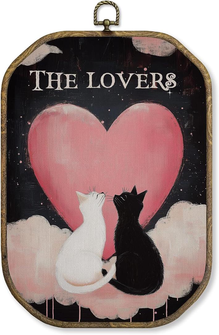 WUHSDIBC Vintage Black Cat Octagon Wall Art Decor, The Lovers Cats Framed Canvas Art Prints, Cute Tarot Wall Hanging Decor for Girls Dorm Couples Bedroom, Valentines Gift for Kids Women 10.2x7 Inches