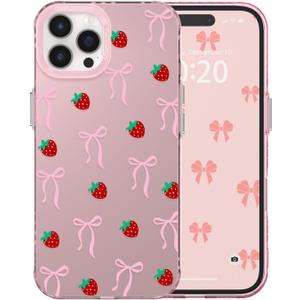 for iPhone 13 Pro Case Cute Ribbon Bow Strawberry Aesthetic Pattern Case for Women Girls, Girly Trendy Glossy Slim Shockproof Protective Bumper Cover, Strawberry Ribbon/Pink