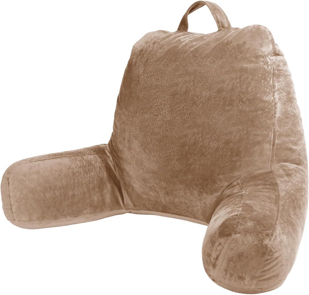 Sasttie Reading Pillow, Velvet Back Pillow for Bed Sitting Up, Adult Back-Rest Support Cushion with Arms for Sit Up on Couch, Sofa, and Floor, Dorm Essentials, Reading Accessories, Light Brown (Standard (18-Inch))