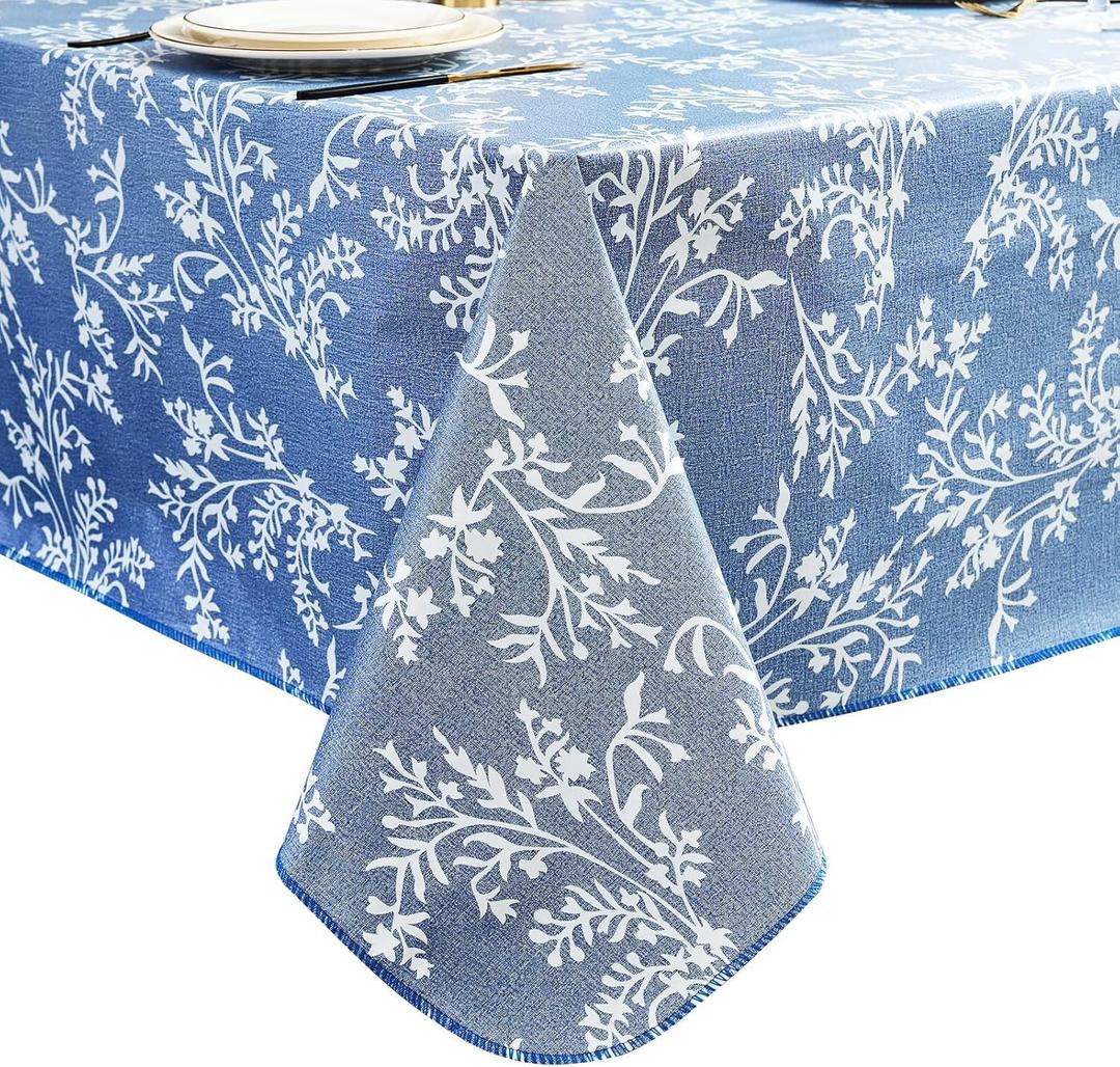 Pioggia Vinyl Tablecloth with Flannel Backing - Waterproof, Oil-Proof, Easy to Clean -Plastic Table Cloth - Perfect for Dining Tables, Kitchen Tables, Parties (Blue Leaves, 5454 Inch Square)