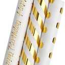 LDGOOAEL Mini Short Wrapping Paper Roll with Cut Lines - Gold Foil with Stripes, Dots & Happy Birthday Lettering for Holiday, Wedding, Baby Shower