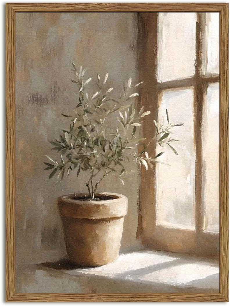 Vintage Olive Tree Wall Art, Rustic Botanical Pictures Wall Decor Painting 3D Textured Sandstone Retro Farmhouse Poster Picture Print for Bedroom Living Room 16x24 inch Wood Framed