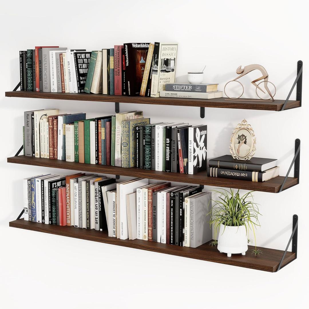 Heimlove Floating Book Shelves for Wall,47.2 Inches Long Wall Mounted Bookshelves,Heavy Duty Bracket Shelves for Living Room Kitchen,Laundry Room Storage & Decor,Set of 3,Walnut