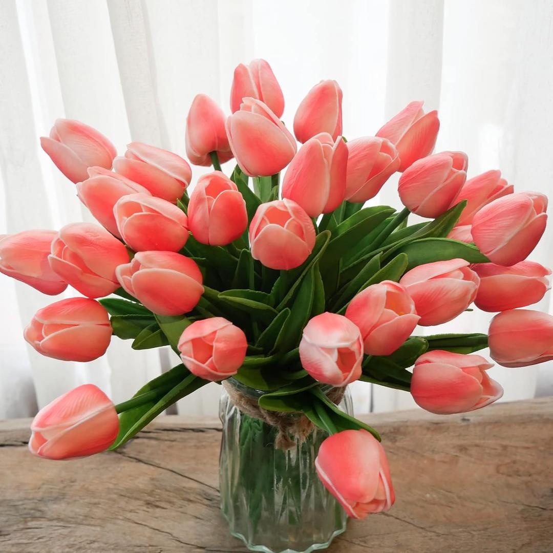 WeTop 30pcs Real Touch Tulips PU Artificial Flowers, Fake Tulips Flowers for Arrangement Wedding Party Easter Spring Home Dining Room Office Decoration (Peach)