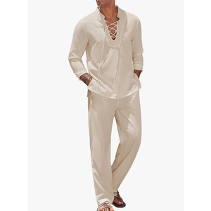 COOFANDY Men's 2 Piece Linen Set Long Sleeve Henley Shirts Casual Beach Pants With Pockets Summer Yoga Outfits Size XXL