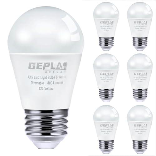 GEPLAD 6-Pack A15 Dimmable LED Light Bulbs, 5000K Daylight White, 800 Lumens, E26 Base, G45 Shape - Perfect for Refrigerator, Pendant Lights & Home Appliances, Energy Saving (60W Equivalent)