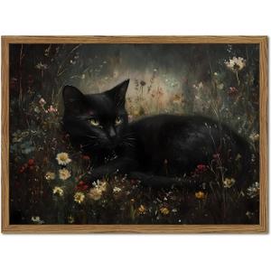 Framed Vintage Black Cat Canvas Wall Art, Gothic Dark Academia Cat Pictures Wall Decor, Moody Floral Animal Paintings Prints Cottagecore Home Decor for Living Room Bedroom Bathroom 16x24 inch