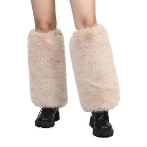 LA CARRIE Women Fuzzy Faux Fur Leg Warmers Fluffy Winter Long Foot Cuffs Furry Boot Socks (One Size, Apricot)