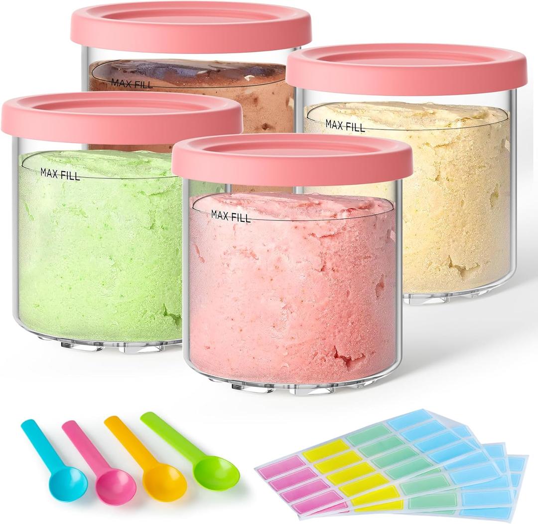4 Pack Creami Pint Containers and Lids for Ninja with 4 spoons and writable labels, Compatible with Ninja NC299 NC300 NC301 Series Creami Maker Machine Accessories, BPA Free & Dishwasher Safe, Pink