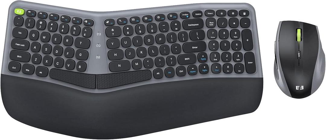 Ergonomic Wireless Keyboard and Mouse Combo - 2.4GHz USB Receiver, Split Keyboard Full Size Layout with Wrist Rest, 3-Level Optical Mouse - Compatible with Windows - Space Gray