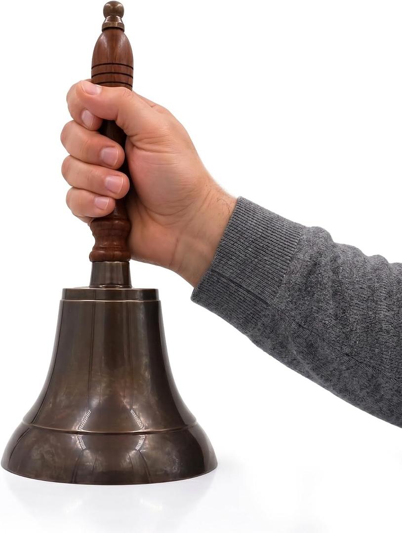 Large & Heavy Solid Brass Loud Hand Call Bell for Weddings, Christmas, School 11"(H) 5"(D) Antique Brass By The Metal Magician