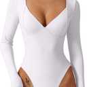QINSEN White Long Sleeve Bodysuit for Women V Neck Seam Cup Body Suits Double Lined Stretch Shirts Tops (White, L)