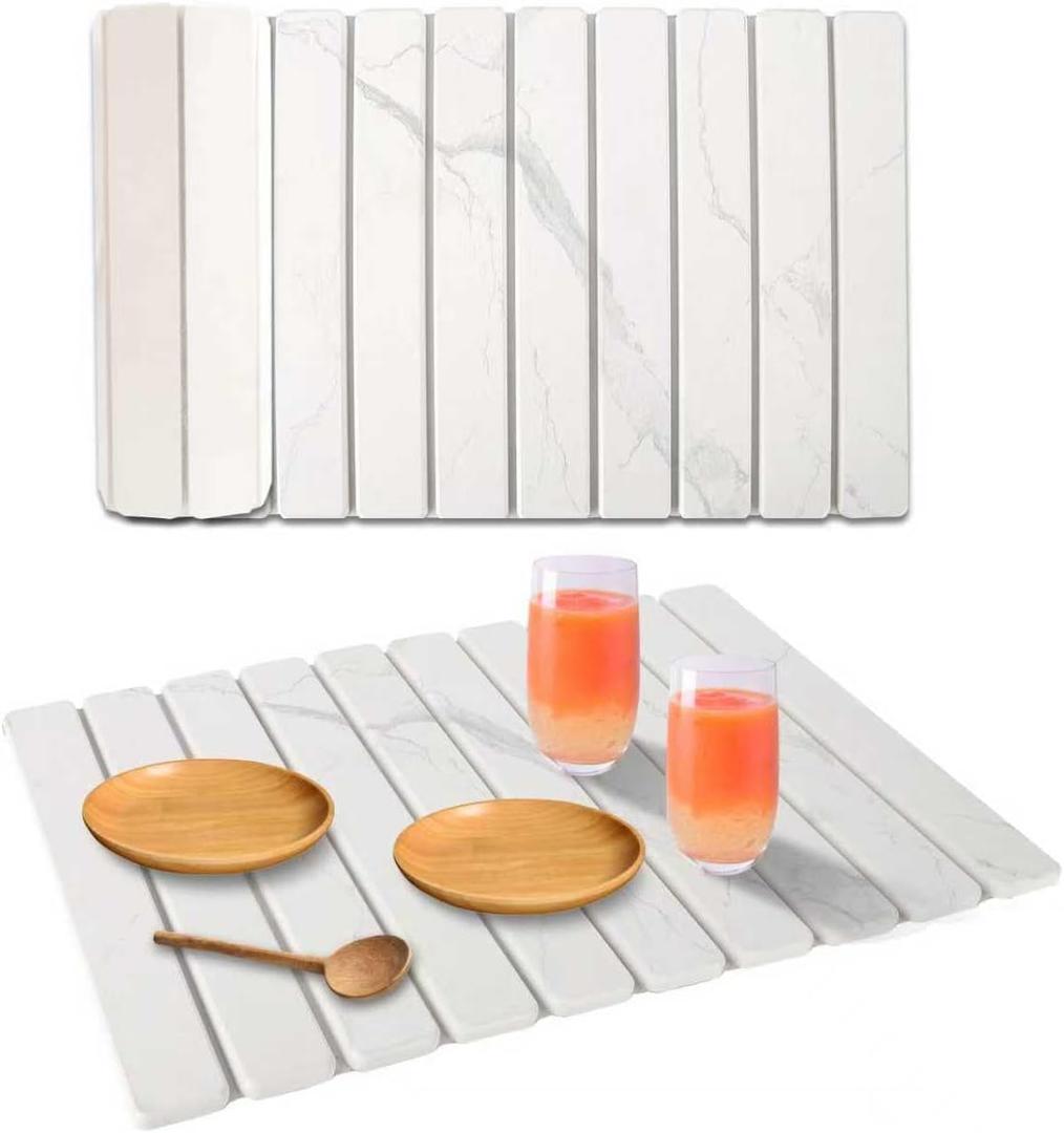 Stone Dish Drying Mat for Kitchen Counter, 24''15'' Dishes Drying Matt Kitchen Counter, Absorbent Diatomaceous Earth Bath Quick Dry Mats for Tableware, Bottles and Cup(White Marble)