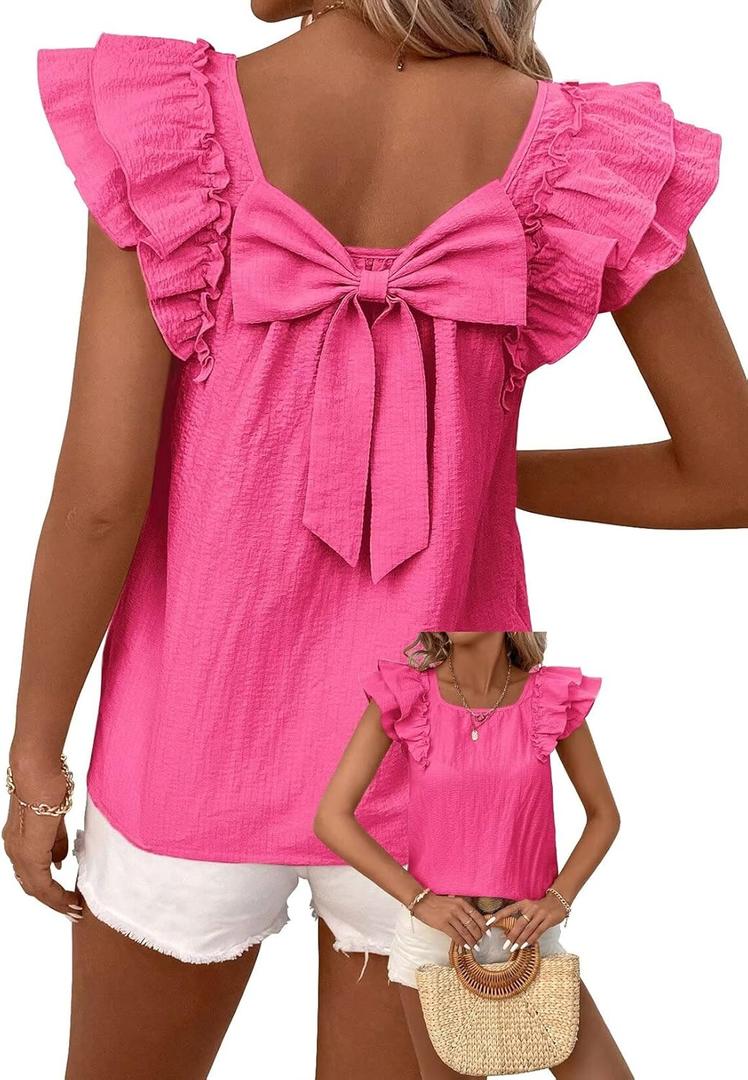 Falechay Womens Bow Tie Back Tops Round Neck Ruffle Short Sleeve Shirts Cute Babydoll Chiffon Tee Women Summer Trendy Tunic (Pink, XS)
