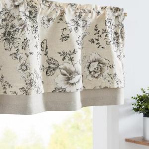 jinchan Linen Valance Curtain Farmhouse Black Floral Small Window Curtain Double Layer Light Filtering Fall Valance for Kitchen Rustic Biege for Living Room Bedroom 18 Inch Rod Pocket One Panel