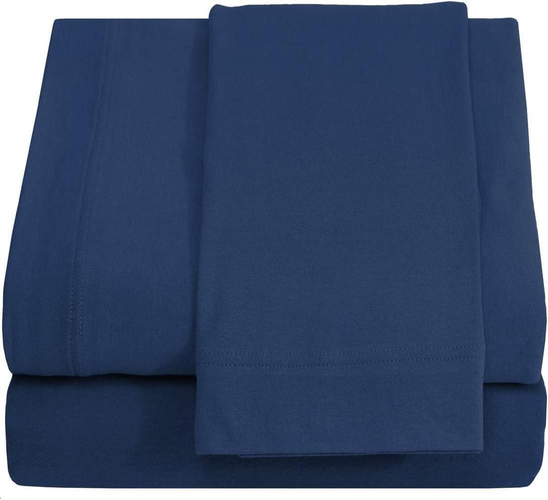 Full XL 100% Cotton Jersey Knit Sheet Set - Extra-Soft, Breathable & Hypoallergenic - 15" Deep Pockets, 54" x 80" - Ideal for Extra Long Full Beds - 4PC Set (Full XL, Navy Blue)
