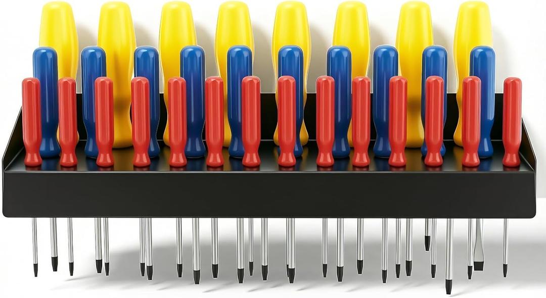 30 Pcs Screwdriver Organizer, Heavy Duty Black Metal Wall Mount Storage Rack with 32 Holes for Tools, Hand Tool Holder for Garage, Workshop, Home and Shed, 16.57 Inch