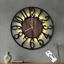 24'' Silent Wall Clock with Adjustable Night Light, Glow in The Dark Decorative Wall Clock Battery Operated, Rustic Modern Metal & Wood Clocks for Living Room Decor, Arabic Numerals