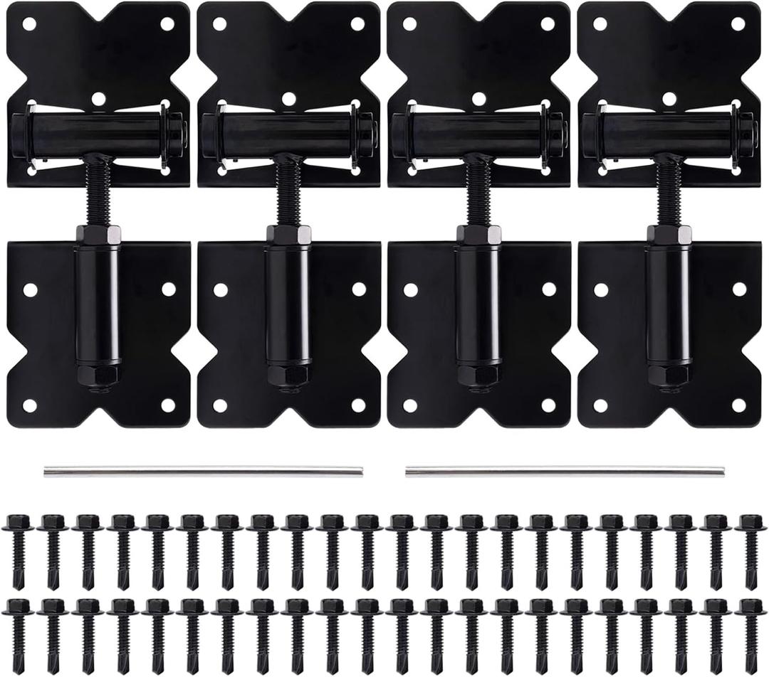 Self-Closing Gate Hinges Heavy Duty for Vinyl/Wooden Fence Gates, 90 Degree Adjustable Gate Door Hinges Hardware Kit with Swing Adjuster Tool and Self-Tapping Screws, 4 Pack, Black Finish