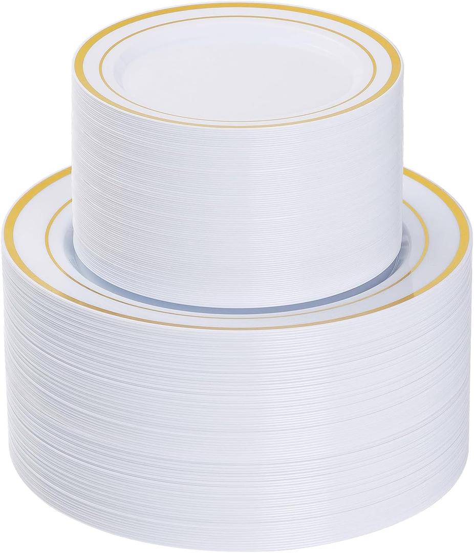 Goodluck 200PCS Gold Plastic Plates, Heavy Duty Disposable Gold Plates with 100 10.25 inch Dinner Plates and 100 7.5 inch Dessert Plates, Disposable Plates for Party, Holiday, Wedding, Thanksgiving