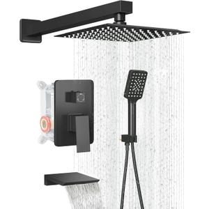 Shower Faucet Set Complete Matte Black Shower System with 10 inch Square Rainfall Shower Head 3-Function Handheld Shower Waterfall Bathtub Spout Rain Shower Combo Set Bathroom Wall Mounted