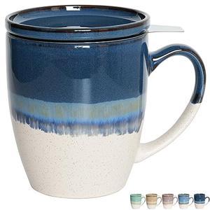 Bosmarlin Ceramic Tea Cup with Infuser and Lid, 16 Oz, 5 Colors to Choose, Dishwasher and Microwave Safe, Reactive Glaze, Steeping Tea Mug with Strainer (Deep Blue)