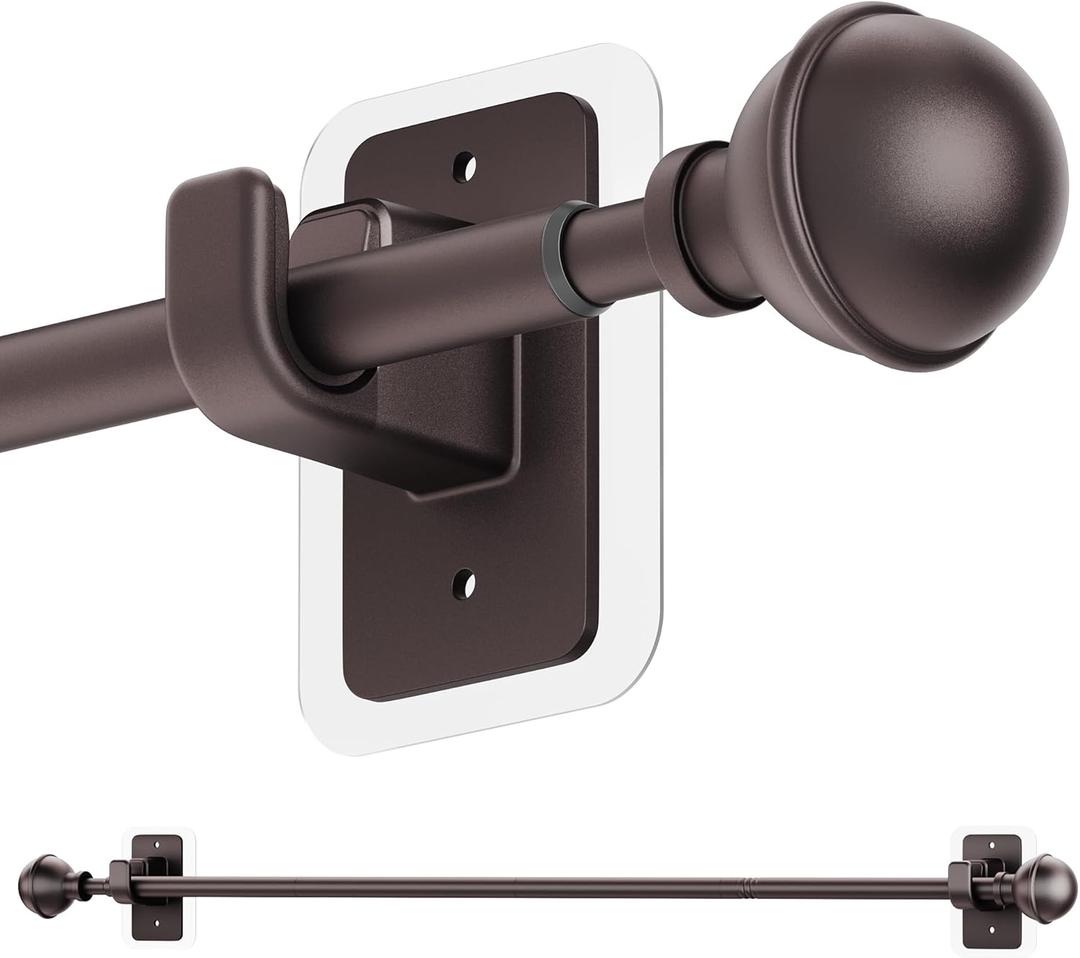 ENJOYBASICS No Drill Curtain Rods for Window 28 to 60 Inches, 5/8 Inch Diameter Renter Friendly Drapery Rod with Adhesive Brackets without Drilling, Adjustable from 27 to 65 Inches, Bronze