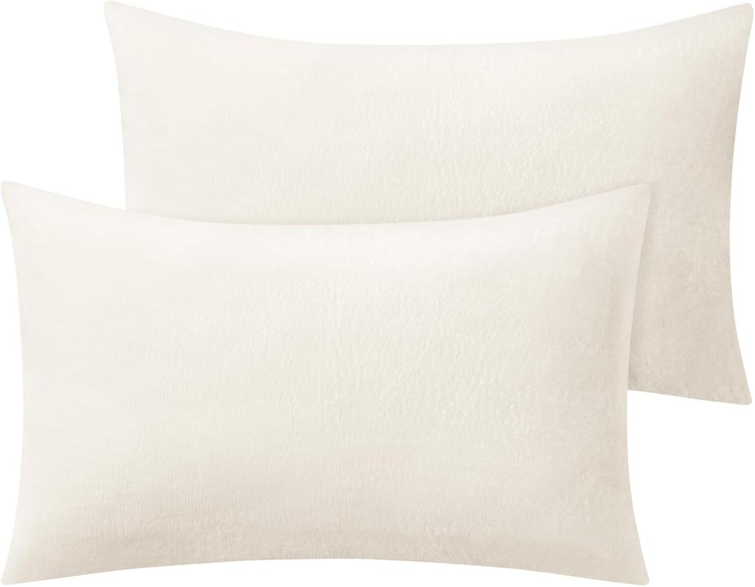 BEDELITE Flannel Pillowcases Standard Set of 2, Super Soft Fleece Pillow Case Cover with Zipper for Bedroom, Sofa, Couch,Luxury Cozy Fuzzy Velvet Pillow Shams for All Seasons(20x26 Inches, Off White)