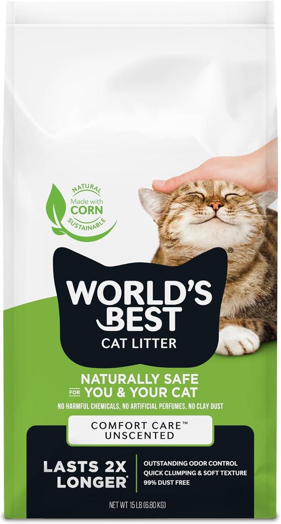WORLD'S BEST CAT LITTER Comfort Care Unscented 15-Pounds - Natural Ingredients, Quick Clumping, Flushable, 99% Dust Free & Made in USA - Long-Lasting Odor Control & Easy Scooping