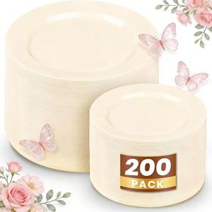 WDF 200PCS Ivory Plastic Plates - Elegant Ivory Disposable Plates for Party- Include 100 Dinner Plate 10inch and 100 Plastic Dessert Plate 7inch Perfect for Party Baby Shower Spring Mother's Day