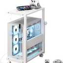 Computer Tower Stand with LED Light Strip,Mobile Rolling CPU Holder,Height Adjustable PC Tower Stand with Charging Station for Office Home (White)