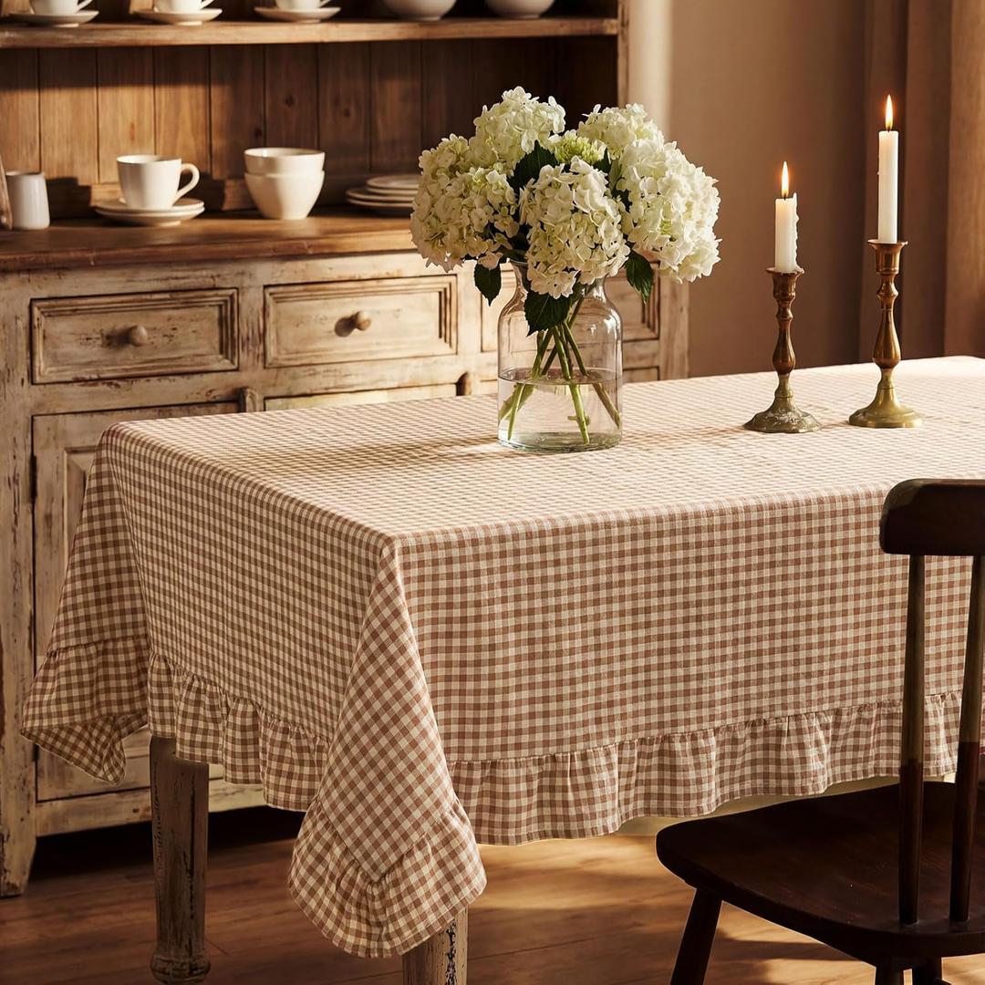 Mindsoft Brown Gingham Ruffled Tablecloth 84 x 60 Inches Rectangle Cotton Linen Checkered Table Cloth Buffalo Plaid Farmhouse Vintage Decorative Tablecover for Picnic Kitchen Dining Room Home Party