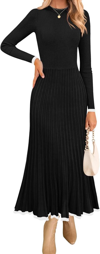 ZESICA Women's Long Sleeve Sweater Dress Fall 2026 Crewneck Ribbed Knit Pleated A-Line Maxi Wedding Guest Dresses, XL