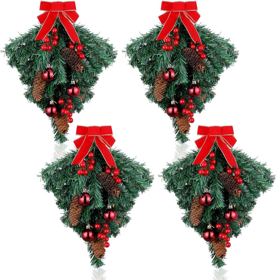 Hiboom 4 Pcs Christmas Teardrop Swag Ornament Christmas Swags Xmas Teardrop Artificial Berry Clusters Pine Cone Decorative Props Pendant with Red Bow for Indoor Outdoor Wall Door Hanging Decor