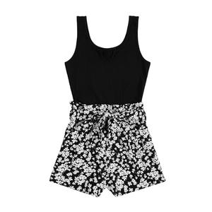 SOLY HUX Women's Summer Sleeveless Belted Tank Romper Short Jumpsuit Black and White Floral XX-Large