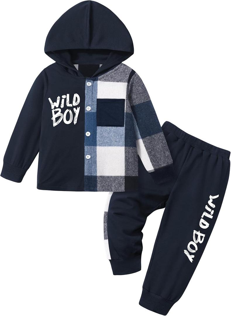 KANGKANG Toddler Boy Clothes Plaid Long Sleeve Hoodie Sweatshirt + Pants 2pcs Fall Winter Boys Outfit Set (4-5T)
