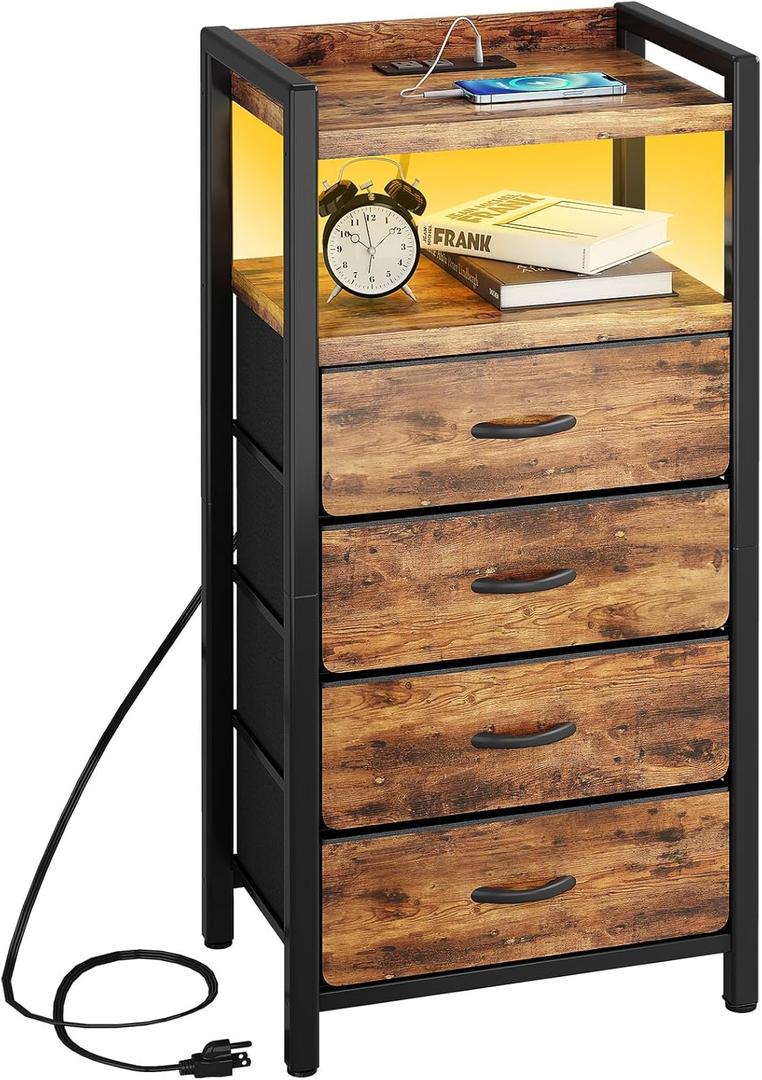 Kitstorack Night Stand with Charger Station and LED Light Rustic Brown Nightstand with Drawers Bedside Table Tall Nightstand 4 Fabric Drawers