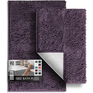 Hearth & Harbor Bathroom Rugs Sets 2 Piece, Chenille Bath Mat Set - Machine Washable Bath Mats for Bathroom Non-Slip Backing Rubber Quick Dry Bathroom Mat - Purple Bath Rug, 17x24-20x32