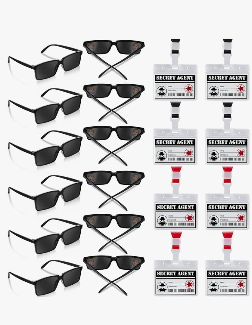 Umigy 24 Pcs Secret Agent Name Tags and See Behind You Sunglasses Secret Agent Badge Rear View Mirror Sunglasses Detective Glasses for Escape Room Party Favors Detective Party Supplies