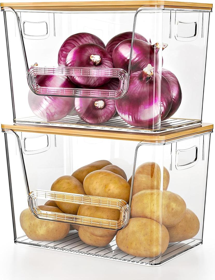 Delamu 2 Set Pantry Organizers and Storage, Bag Holder Under Sink Organizer for 4-13 Gal Bags, Bag Dispenser with Bamboo Top for Onion, Potato, Garlic, Clear (11-7/32"L*7" W*7-1/8"H)